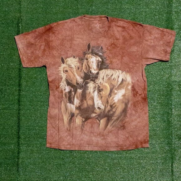 THE MOUNTAIN MENS T SHIRT BROWN MARBLE TIE DYE HORSES WILD NATURE SIZE XXL - Picture 7 of 7